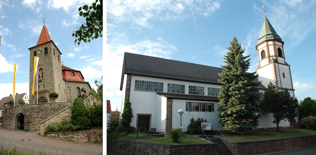 Außenansichten der Kirchen von Arzell und Steinbach
