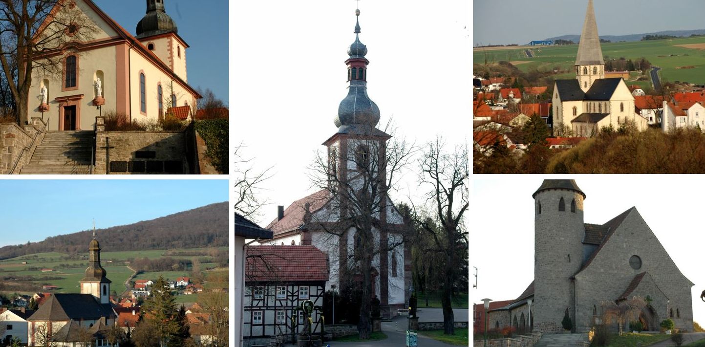 Außenansichten der Kirchen von Großentaft, Eiterfeld, Rasdorf, Ufhausen und Wölf